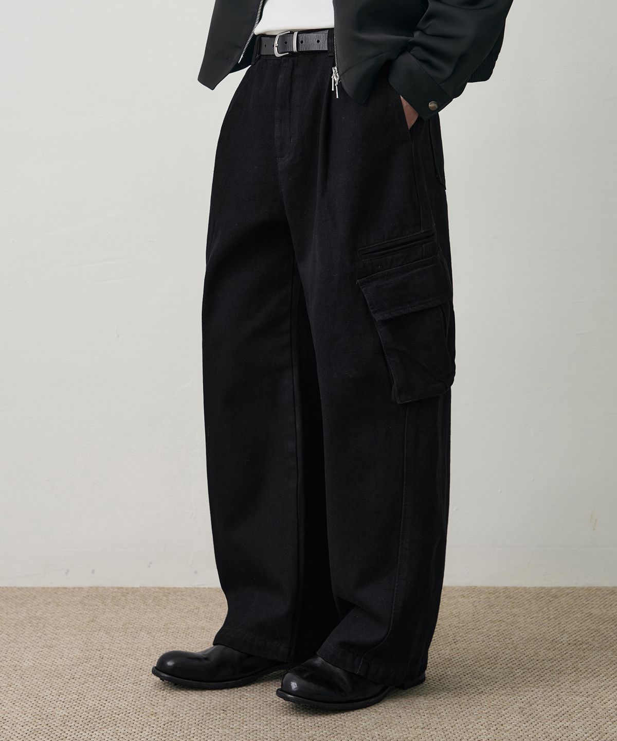 드로우핏(DRAW FIT) 마일즈 워싱 데님 카고 팬츠 [BLACK INDIGO]