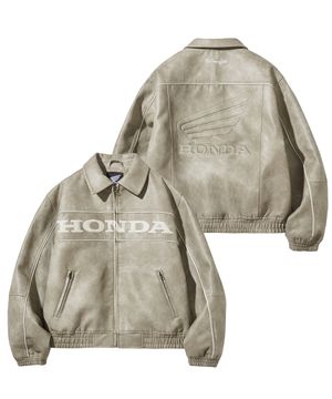 Engineered Leather Piping Motorcycle Jacket Beige