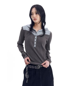 Ribbed Contrast Button Hoodie (Dark Gray)
