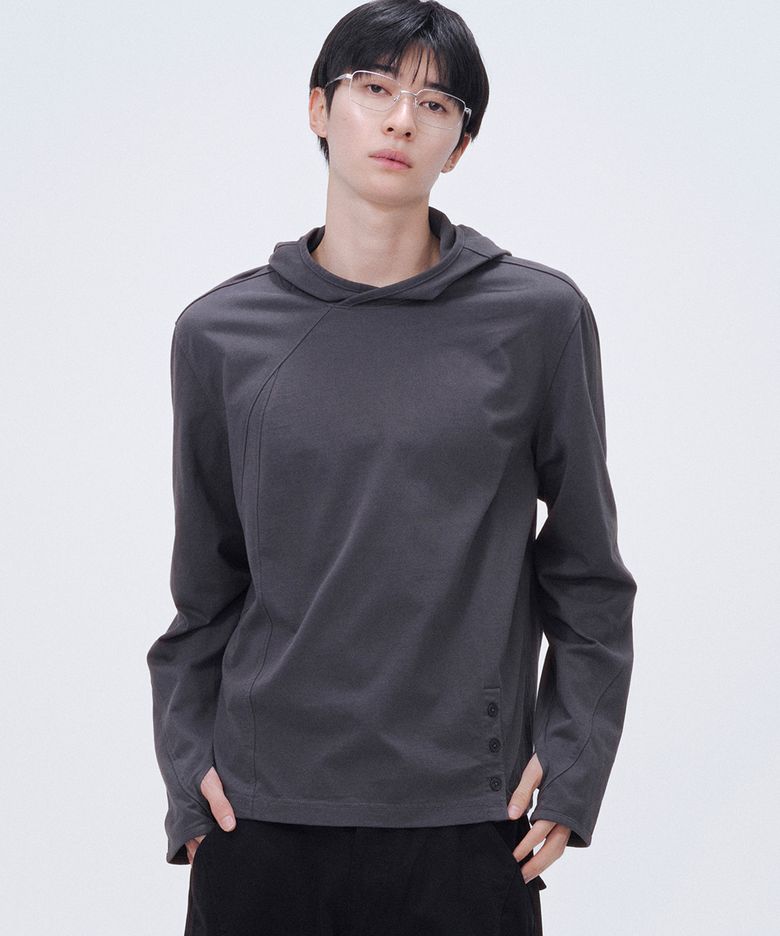 Placket detail hoodie top CHARCOAL