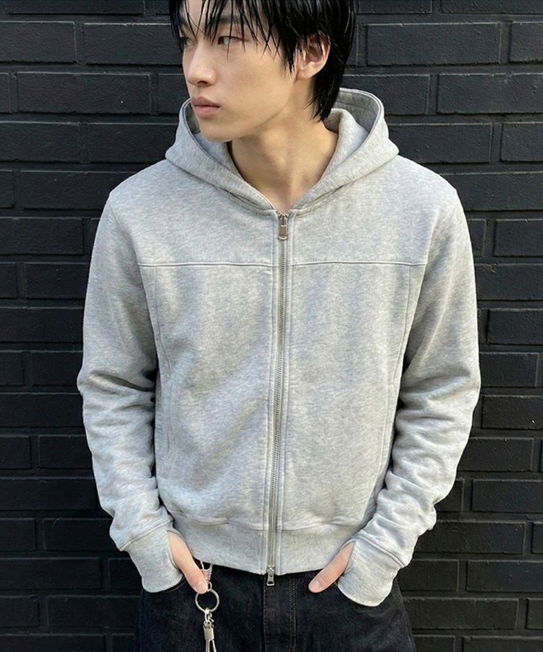 슬림 크롭 핑거홀 후드 집업 그레이