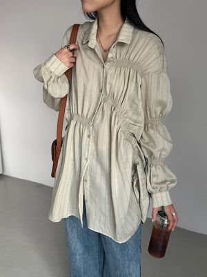 Gathered Stripe Shirt Dress (2C)