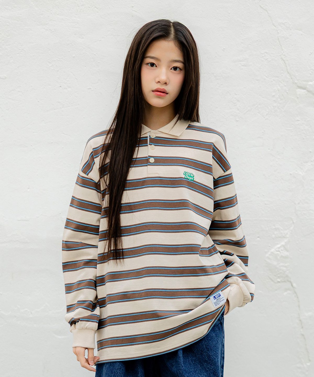 리틀뎁(LITTLE DEPT) 버튼 카라 스트라이프 티셔츠 Brown