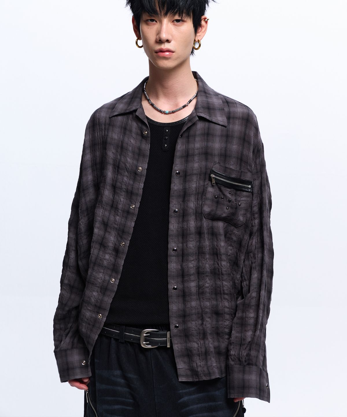 알에스에스씨(RSSC) RIVET ZIPPER CHECK SHIRT - CHARCOAL
