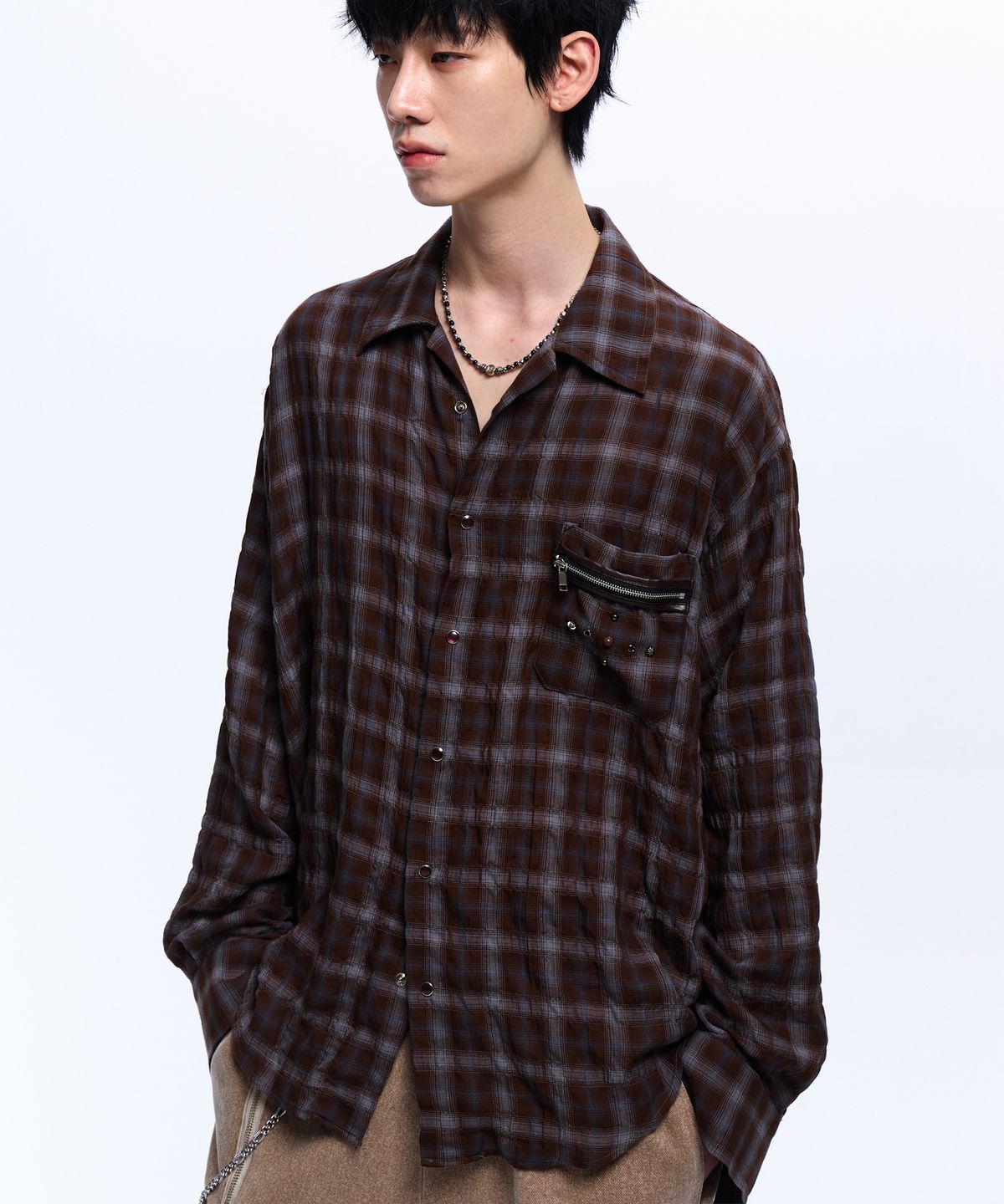 알에스에스씨(RSSC) RIVET ZIPPER CHECK SHIRT - BROWN