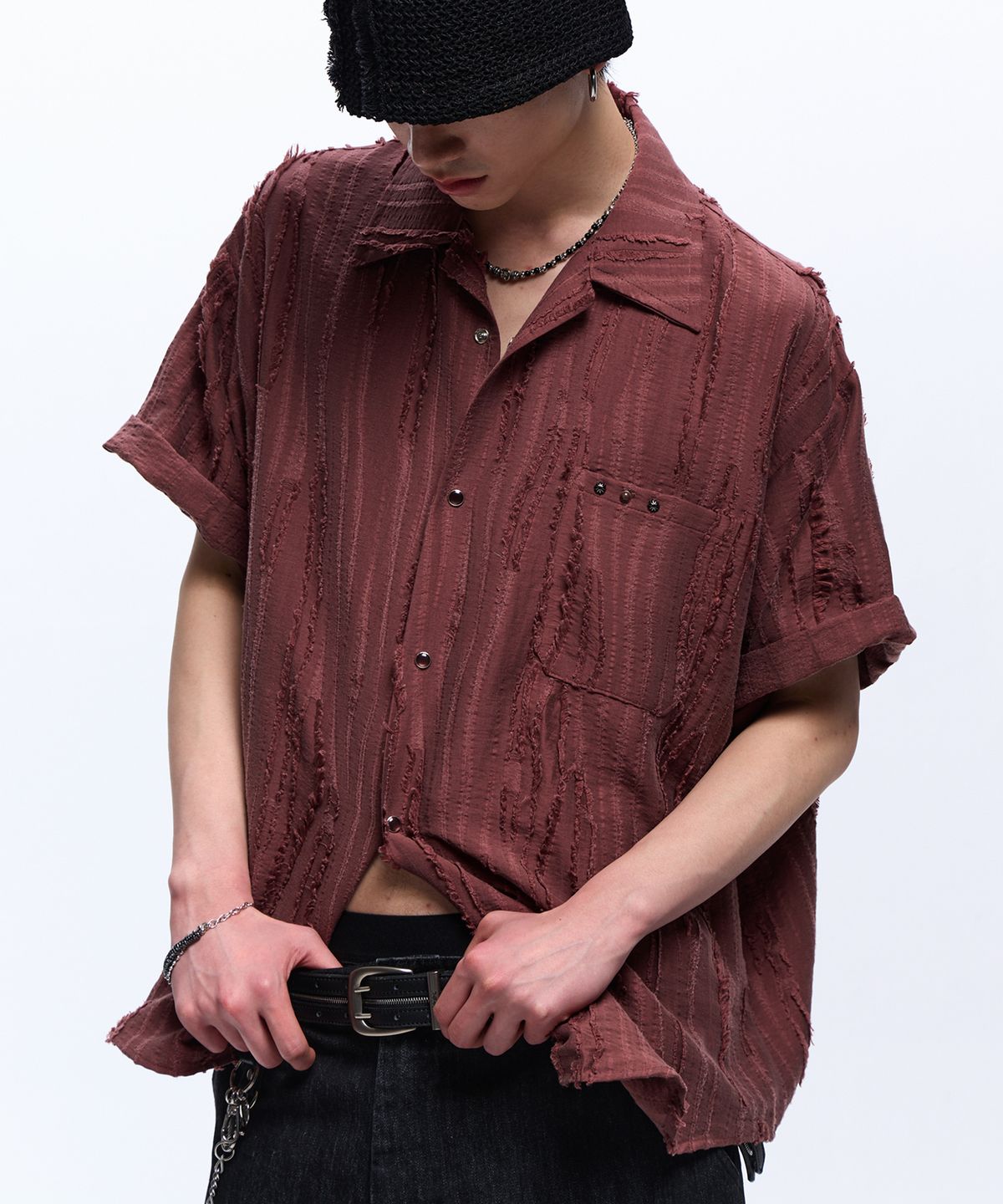 알에스에스씨(RSSC) RIPPED JACQUARD HALF SHIRT - WINE