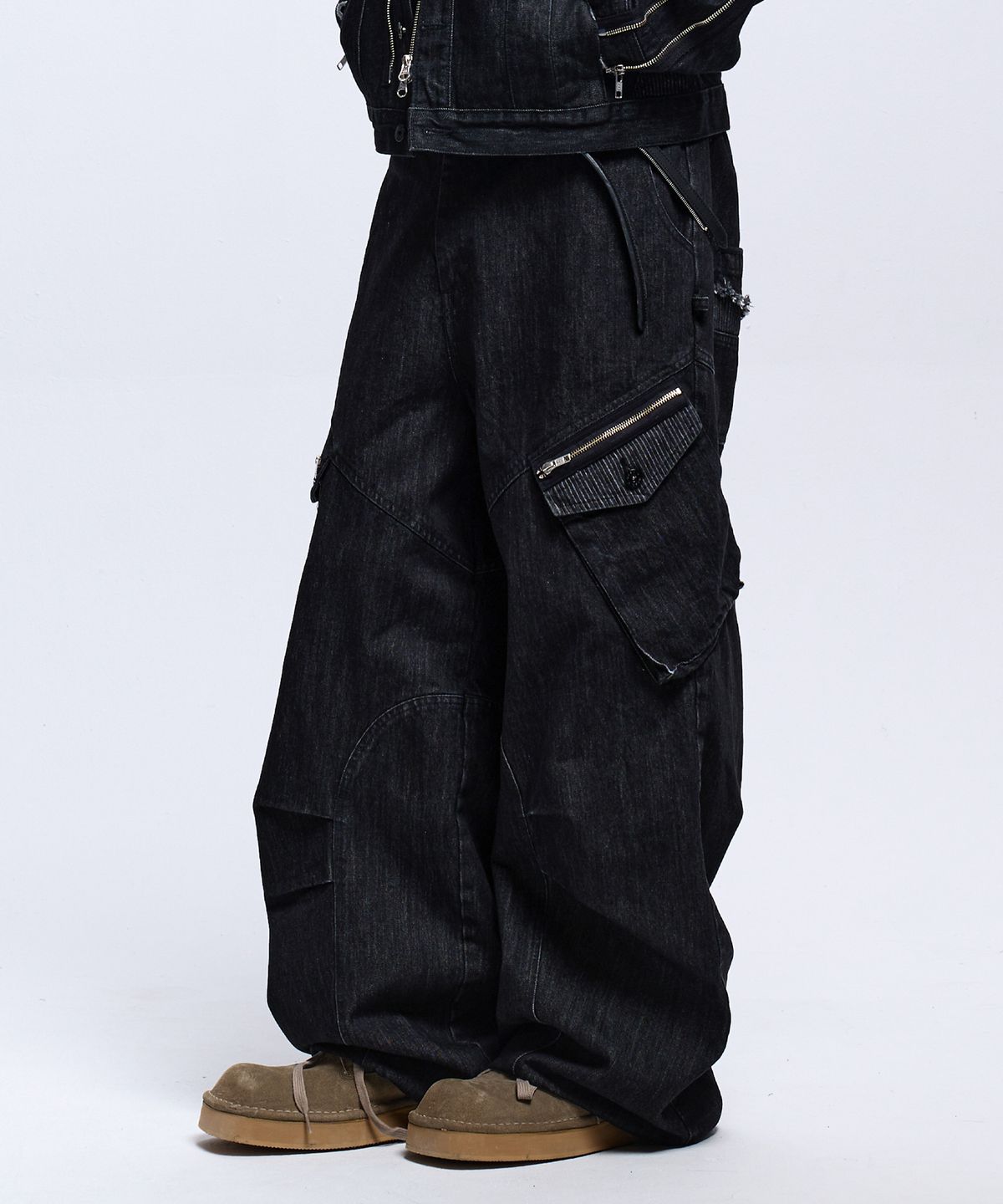 알에스에스씨(RSSC) STRIPE MIXED CARGO DENIM PANTS - BLACK