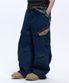 STRIPE MIXED CARGO DENIM PANTS - DENIM
