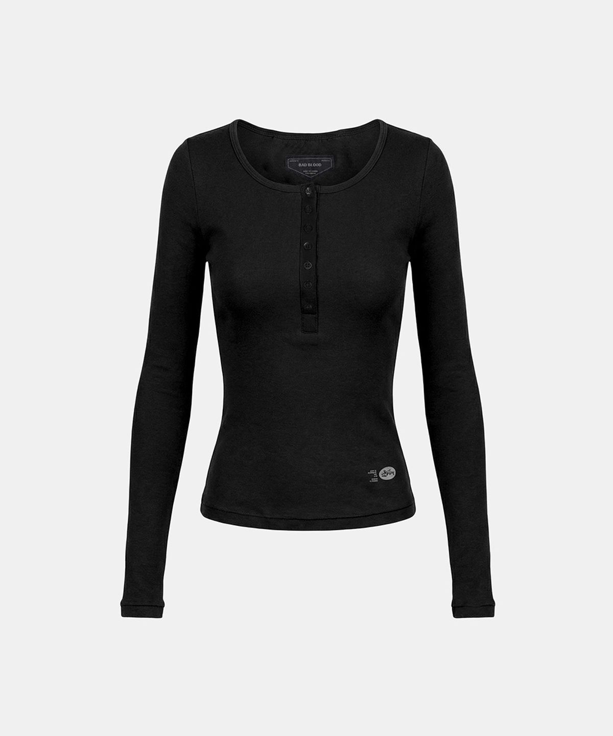 배드블러드(BADBLOOD) BS Cotton Jersey Fitted Henley Neck Long Sleeve T-Shirt - Black