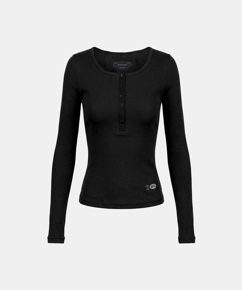 BS Cotton Jersey Fitted Henley Neck Long Sleeve T-Shirt - Black