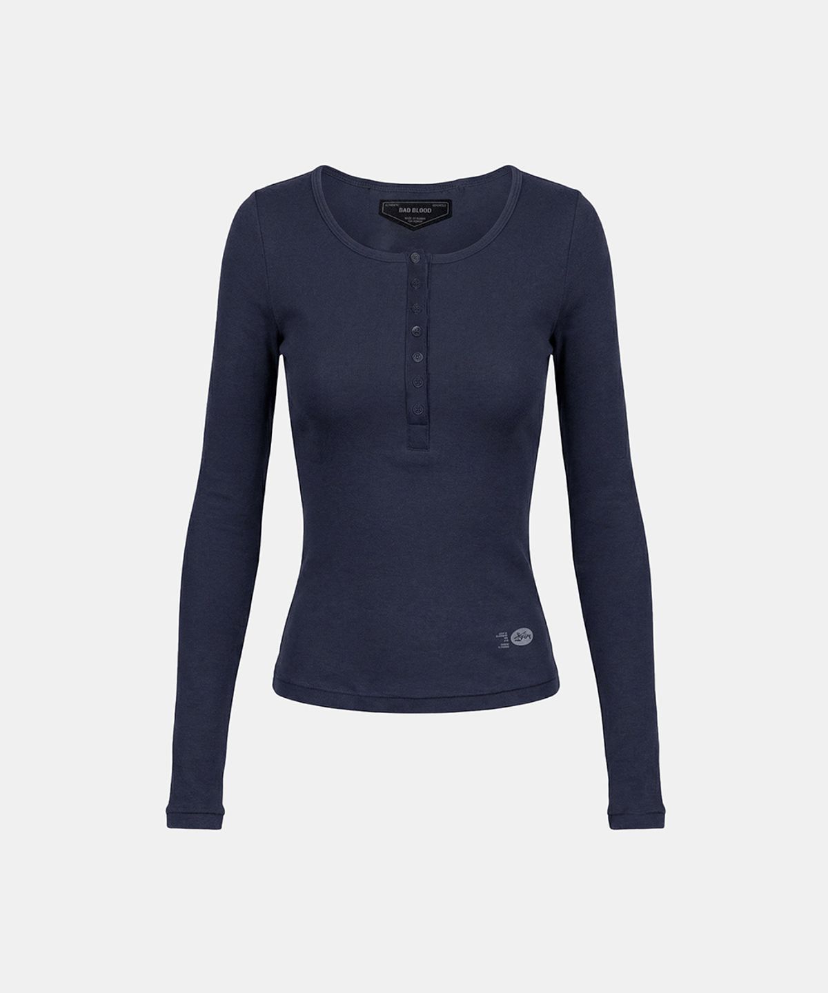 배드블러드(BADBLOOD) BS Cotton Jersey Fitted Henley Neck Long Sleeve T-Shirt - Navy