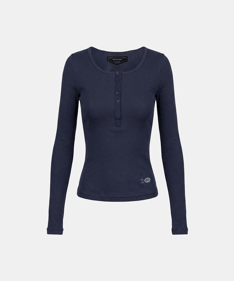 BS Cotton Jersey Fitted Henley Neck Long Sleeve T-Shirt - Navy