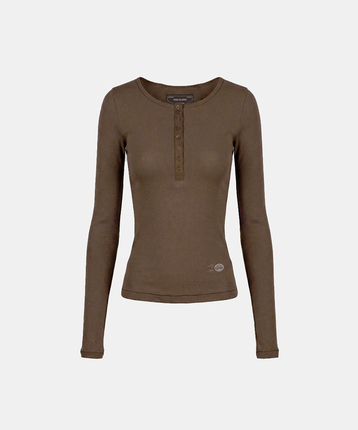 배드블러드(BADBLOOD) BS Cotton Jersey Fitted Henley Neck Long Sleeve T-Shirt - Brown