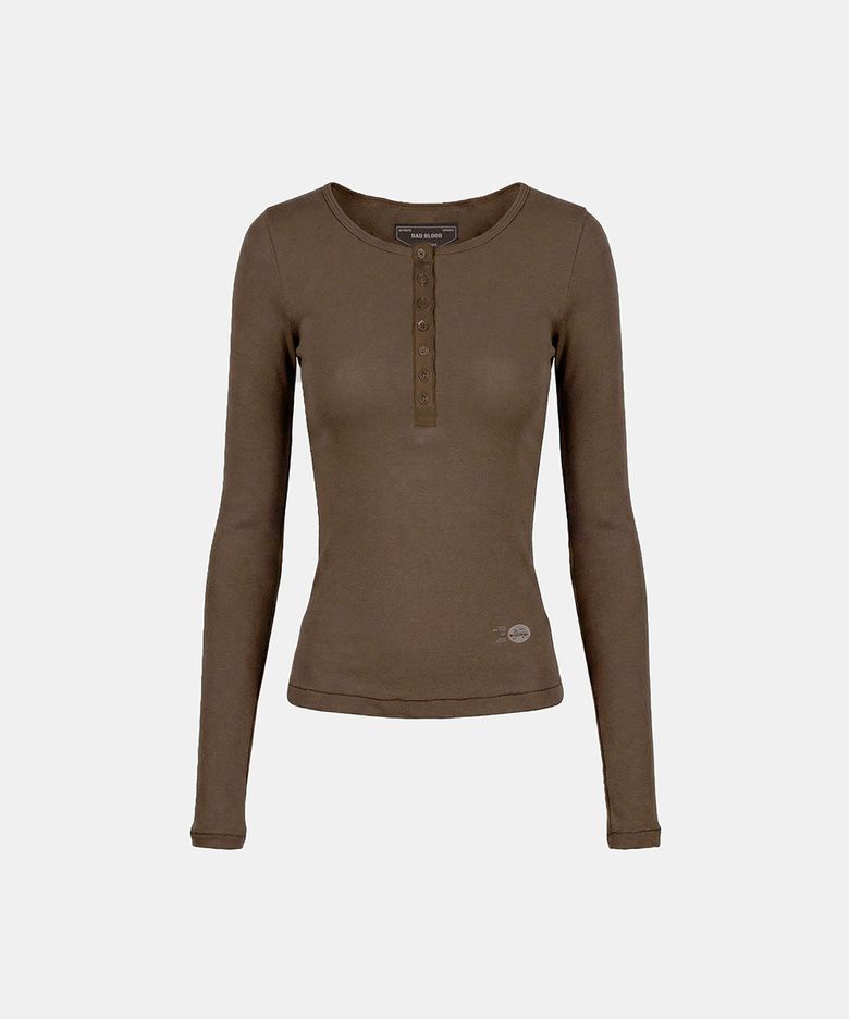 BS Cotton Jersey Fitted Henley Neck Long Sleeve T-Shirt - Brown