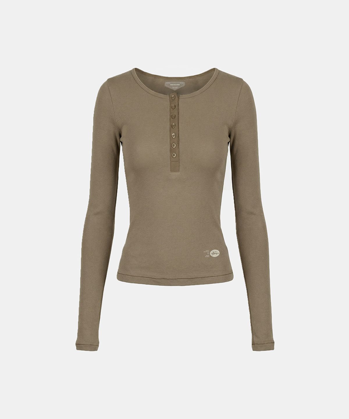 배드블러드(BADBLOOD) BS Cotton Jersey Fitted Henley Neck Long Sleeve T-Shirt - Tobacco