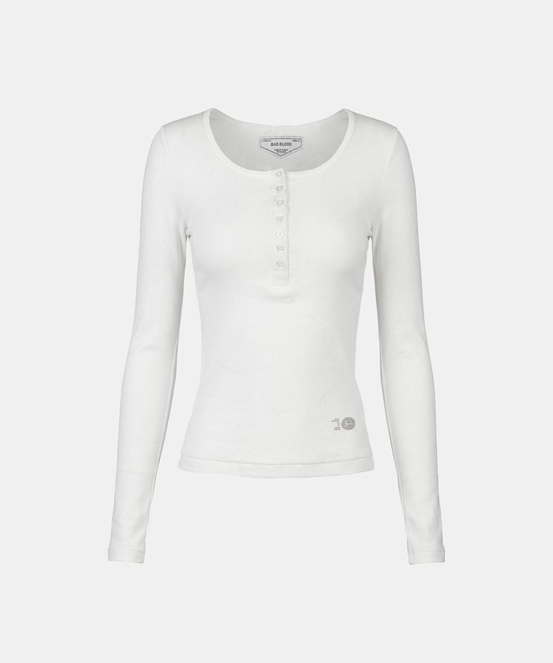 BS Cotton Jersey Fitted Henley Neck Long Sleeve T-Shirt - White