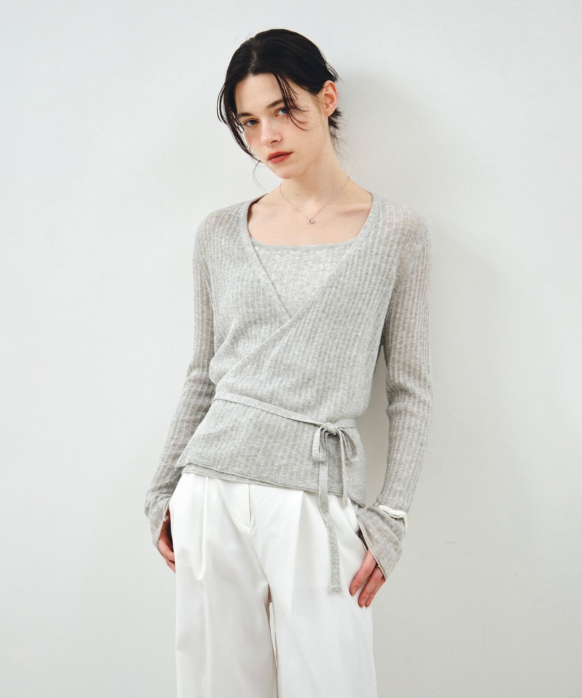 몽돌(MONGDOL) [SET] 시어 린넨 랩 니트 & 슬리브리스 그레이 MDKT124GRAY