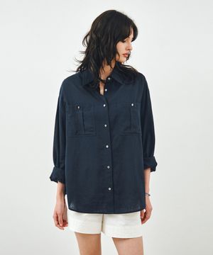 투포켓 셔링 루즈핏 린넨 셔츠 네이비 MDSH030NAVY