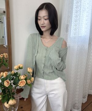 [SET] 펀칭 니트 가디건 & 슬리브리스 민트그린 MDCD059MINTGREEN