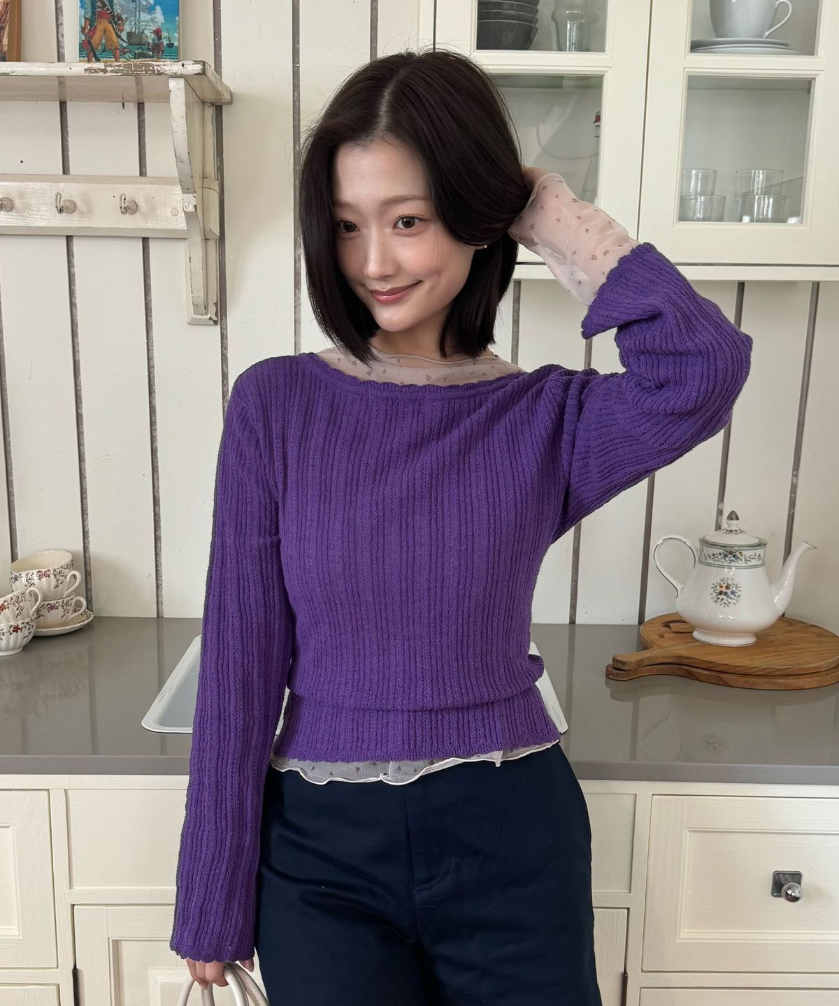 몽돌(MONGDOL) [SET] 펀칭 니트 가디건 & 슬리브리스 바이올렛 MDCD059VIOLET