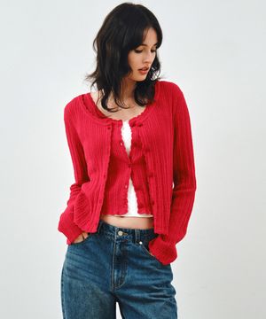 [SET] 펀칭 니트 가디건 & 슬리브리스 레드 MDCD059RED
