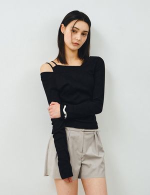 [SET] 보트넥 레이어드 골지 티셔츠 블랙 MDTS087BLACK