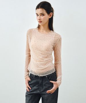 사이드 셔링 플라워 매쉬 롱 슬리브 베이지 MDTS061FLOWERBEIGE