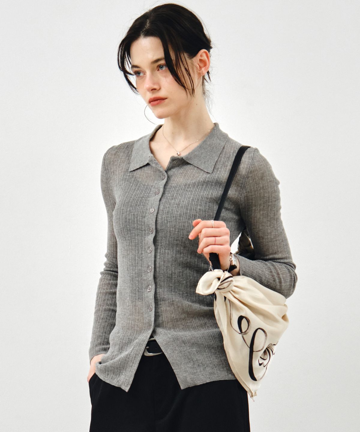 몽돌(MONGDOL) 슬림 골지 롱 카라 가디건 그레이 MDCD058GRAY