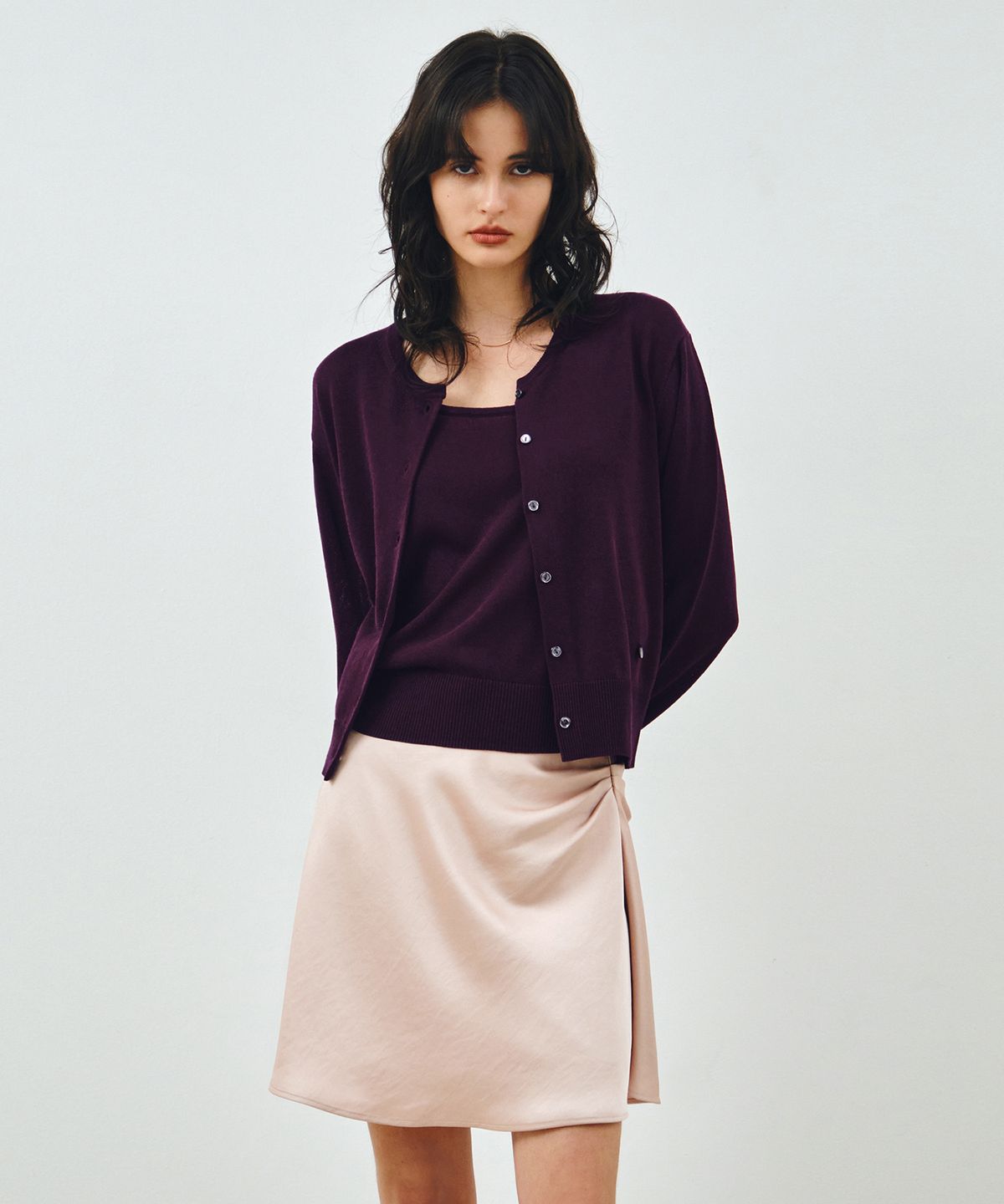 몽돌(MONGDOL) [SET] 린넨 라운드넥 가디건 바이올렛 MDCD043VIOLET