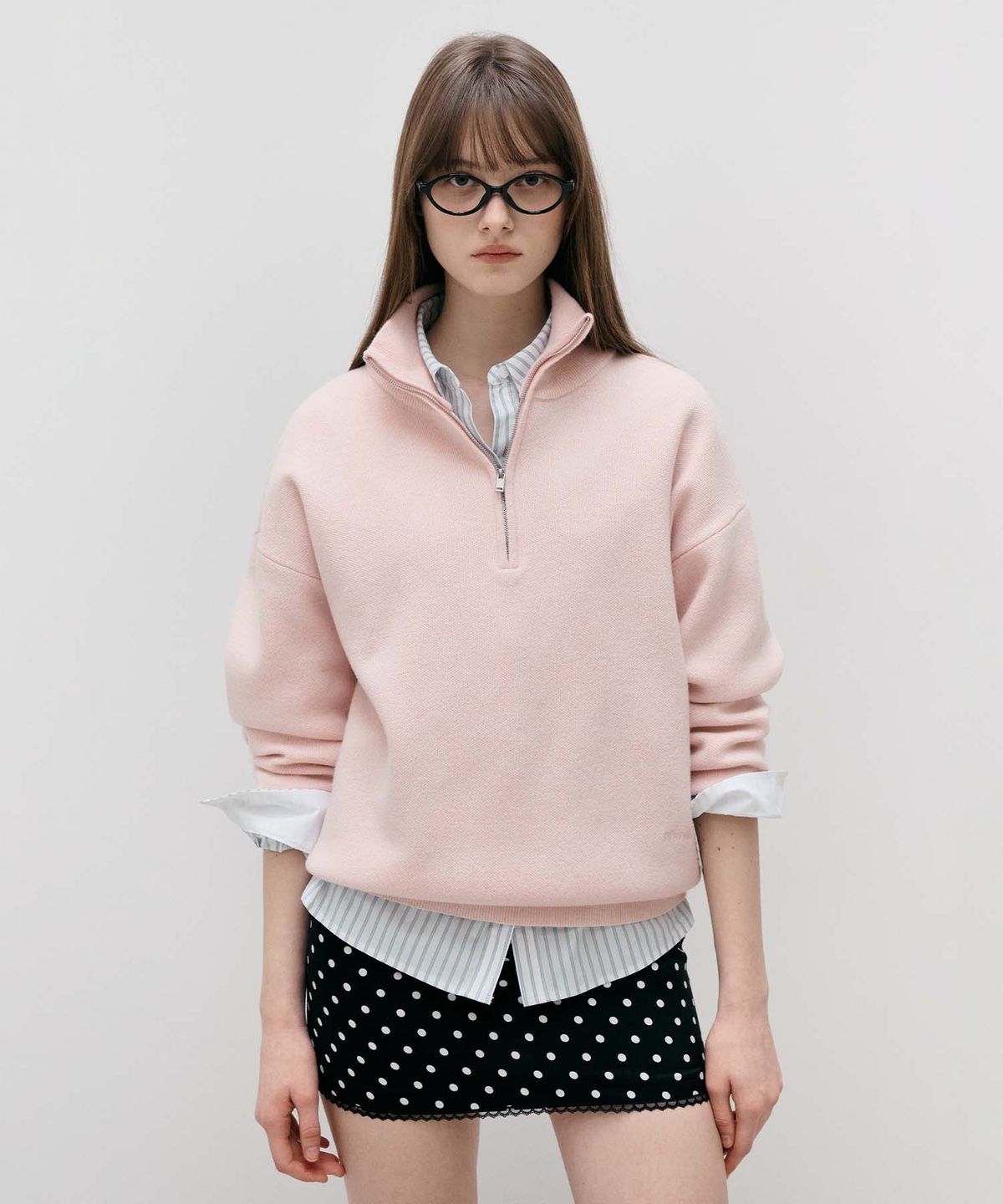 로라로라(ROLAROLA) HIGH NECK KNIT HALF ZIP-UP PINK