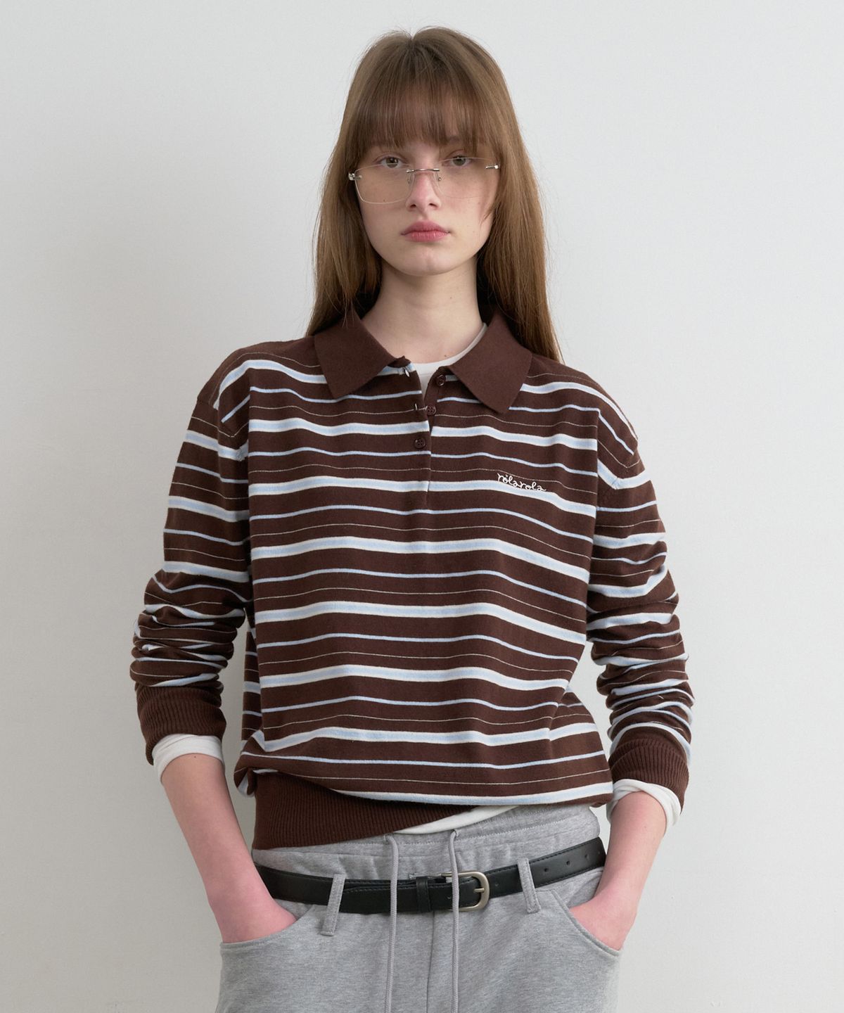 로라로라(ROLAROLA) LOOSEFIT MULTI STRIPE COLLAR KNIT BROWN