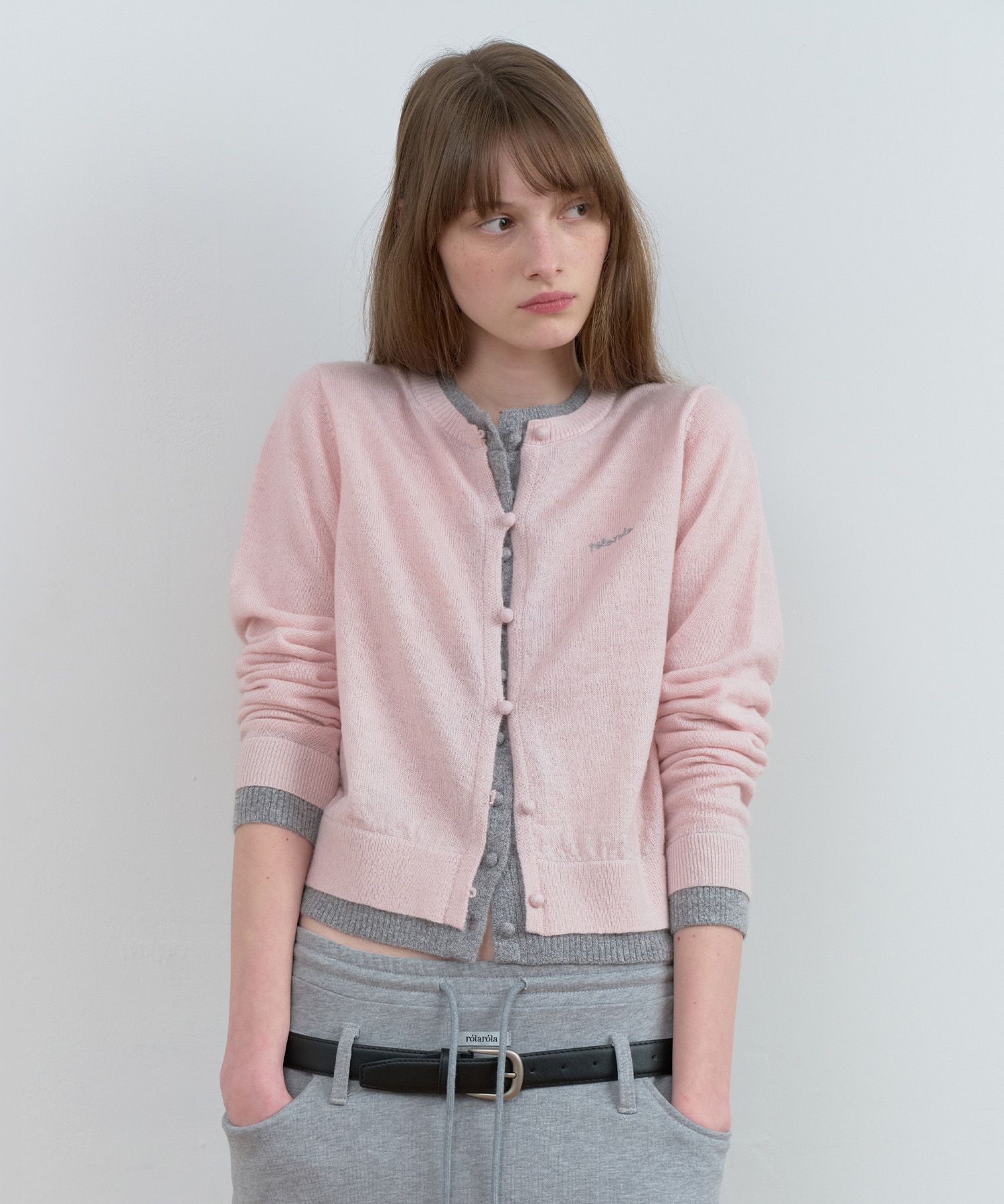 MUSINSA | ROLAROLA LAYERED KNIT CARDIGAN GY+PK