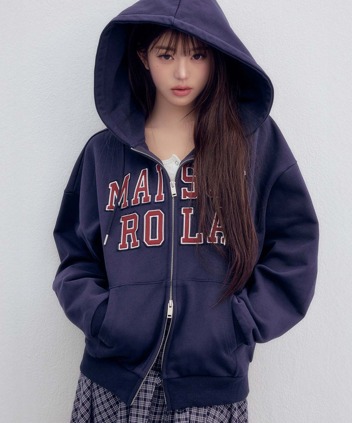 로라로라(ROLAROLA) PATCHWORK CAMPUS HOOD ZIP-UP NAVY