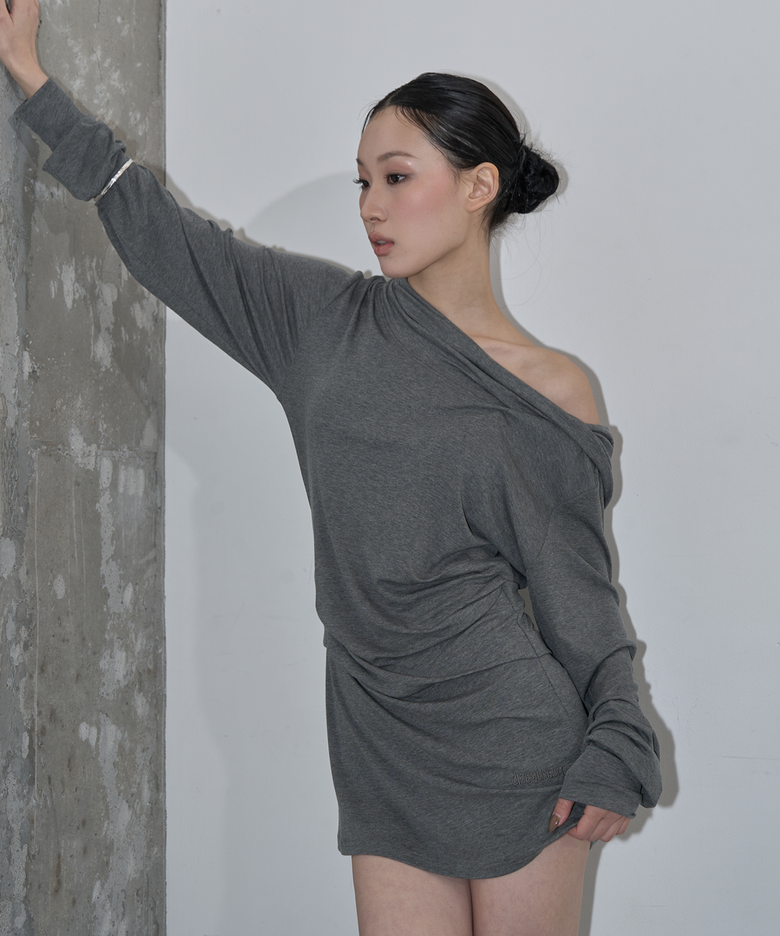 COWL HOOD DRAPE DRESS (MELANGE GRAY)