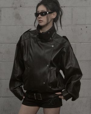 Structured High-Neck Leather Jacket (dark brown)