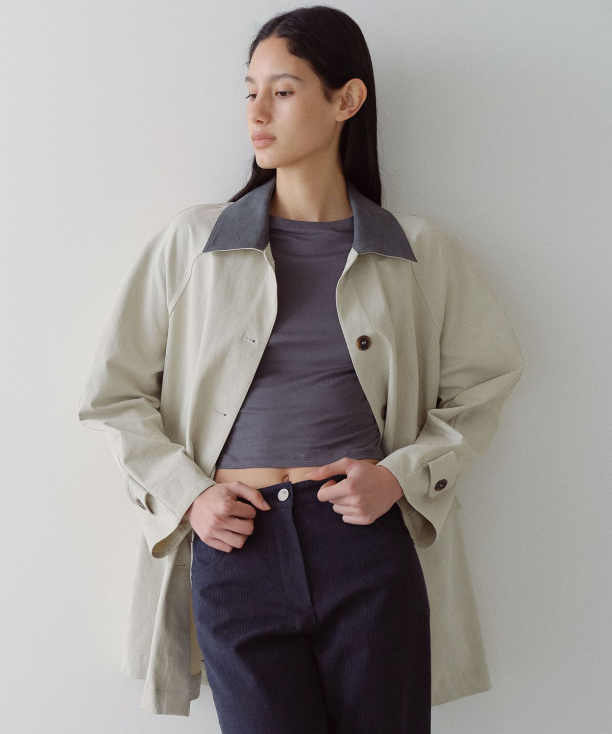 엔오르(EN OR) CONTRAST COLLAR WORK COAT - IVORY