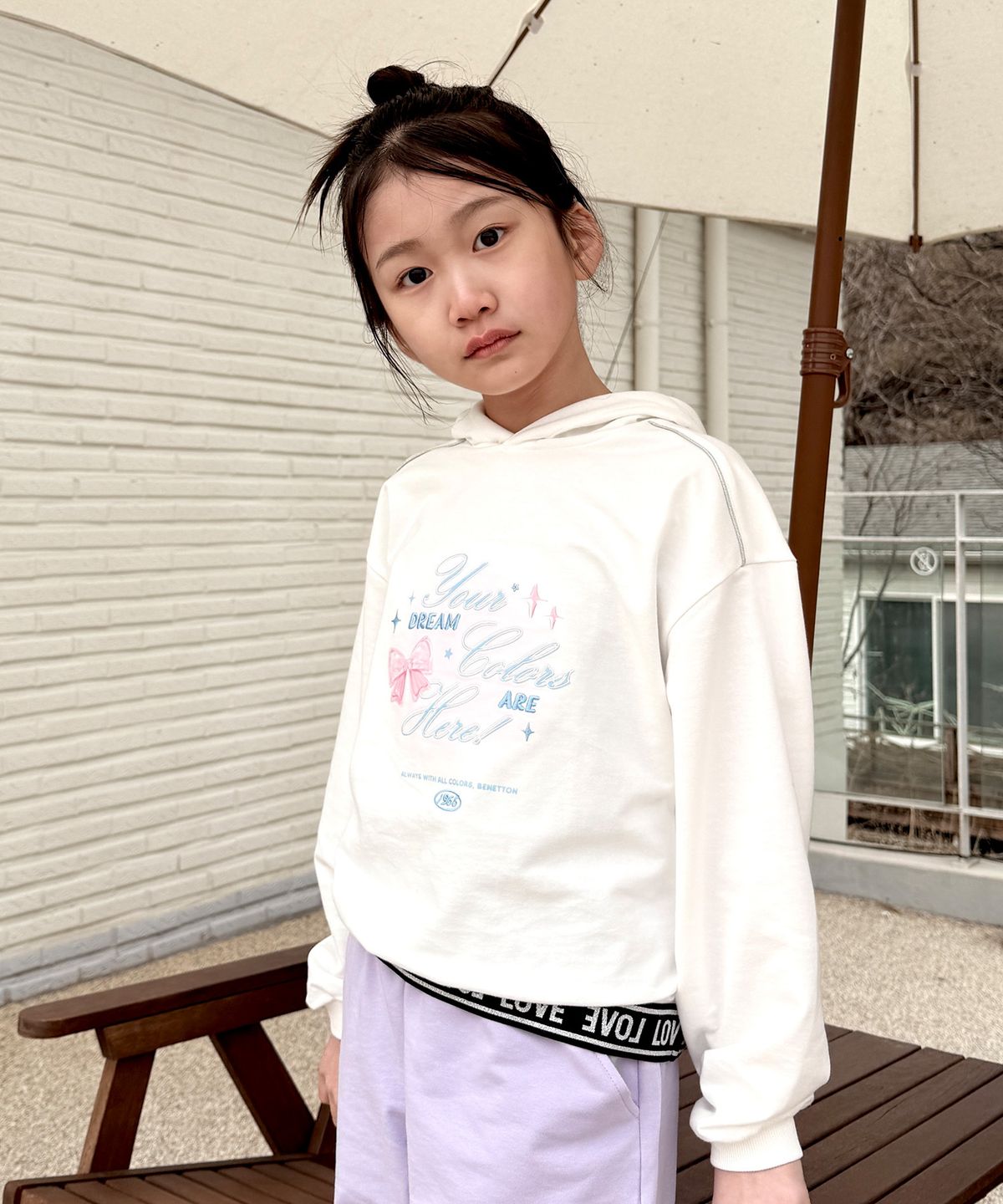 베네통키즈(BENETTONKIDS) 밴드 포인트 후드 티셔츠_QAMT11611IV