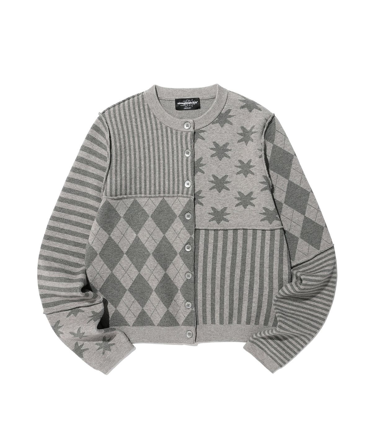 나이스고스트클럽(NICEGHOSTCLUB) PATCHWORK KNIT CARDIGAN_GREY(NG2GSUK681A)