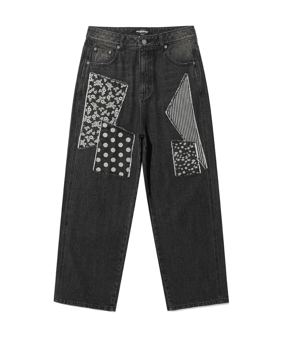 나이스고스트클럽(NICEGHOSTCLUB) PATTERN PATCHWORK WIDE DENIM PANTS_BLACK(NG2GSUD110A)