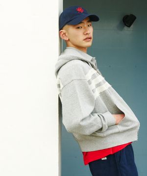 M.C UNISEX, Seam Stripe Hood Zip-up / MELANGE GRAY