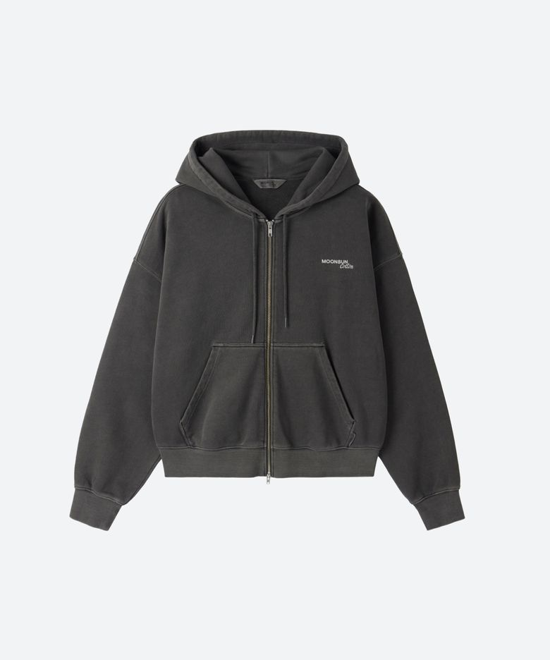 M.C UNISEX, Logo Pigment-Dyed Hood Zip-up / CHARCOAL