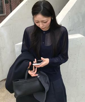 M.C UNISEX, Logo Sheer Knit Cardigan / NAVY