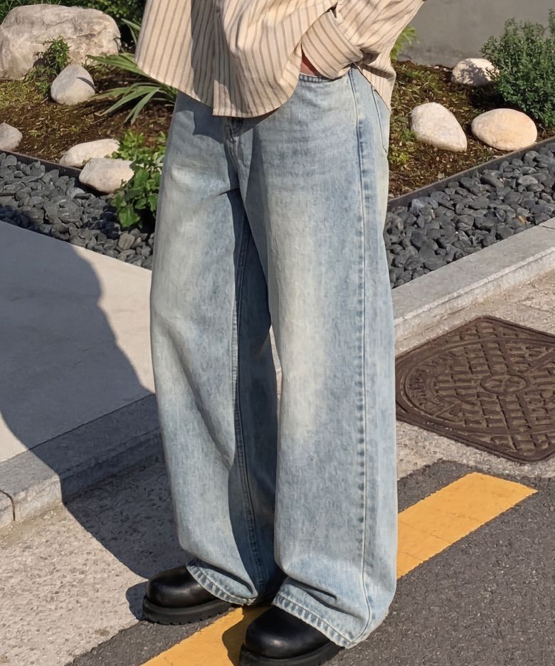 뒷밴딩 무지 워싱 와이드 데님 팬츠[라이트블루]