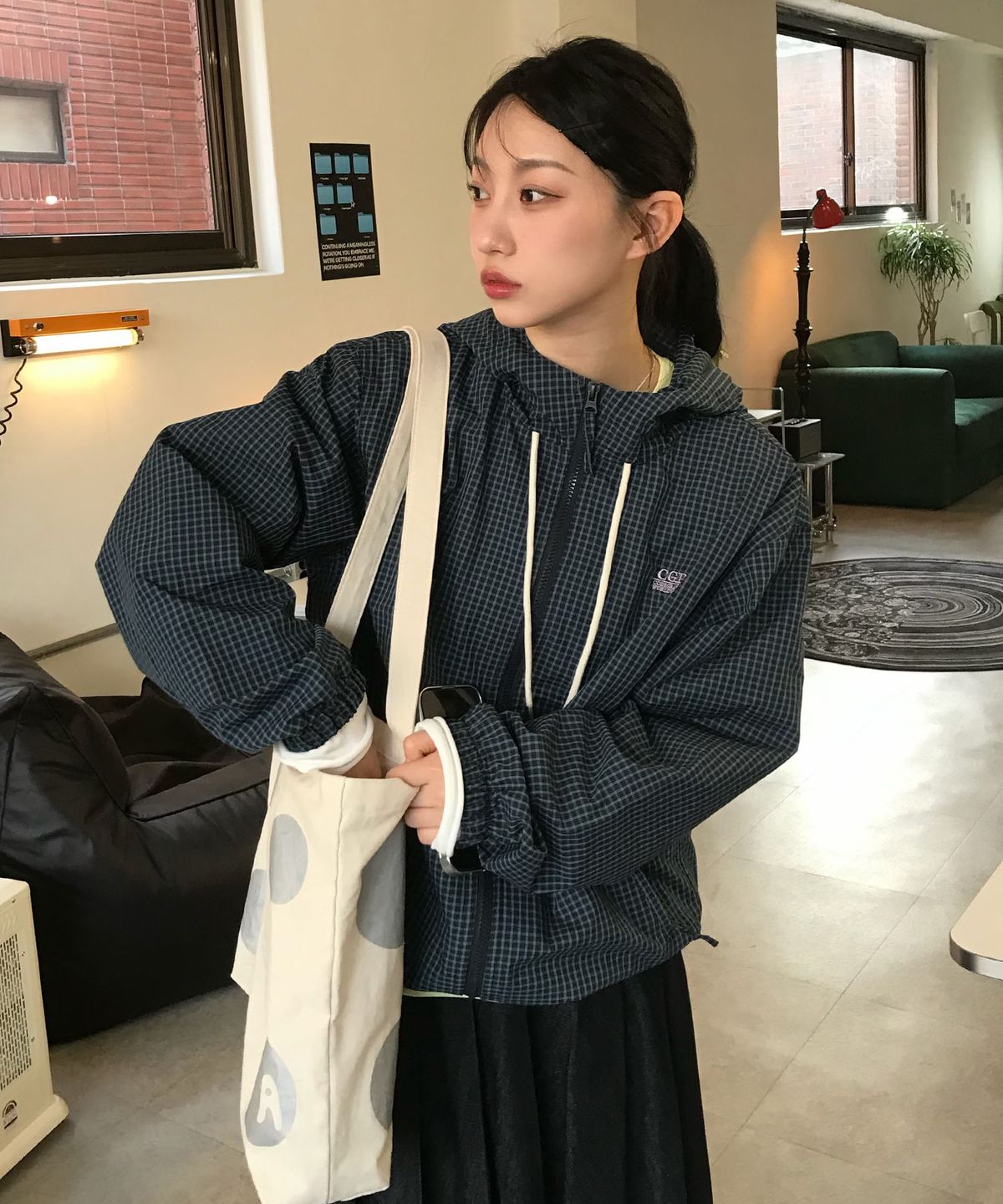 코드그라피(CGP) 체크 후드 점퍼-다크 네이비