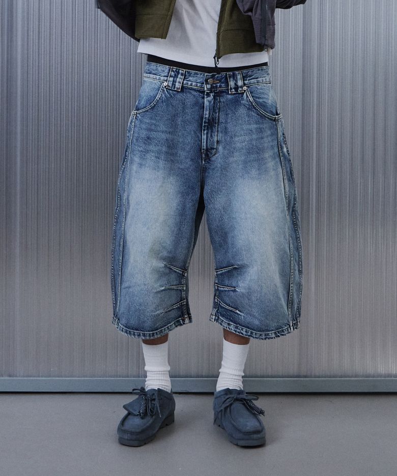 Technical Curved Denim Bermuda Pants