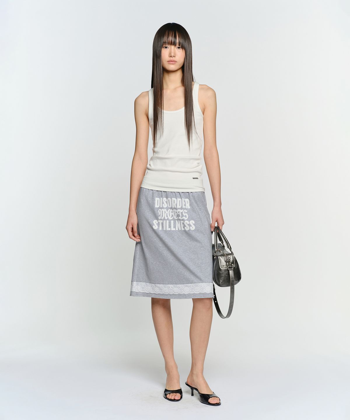 썬번프로젝트(SUNBURNPROJECT) LACE TRIM MIDI SKIRT, MELANGE GRAY