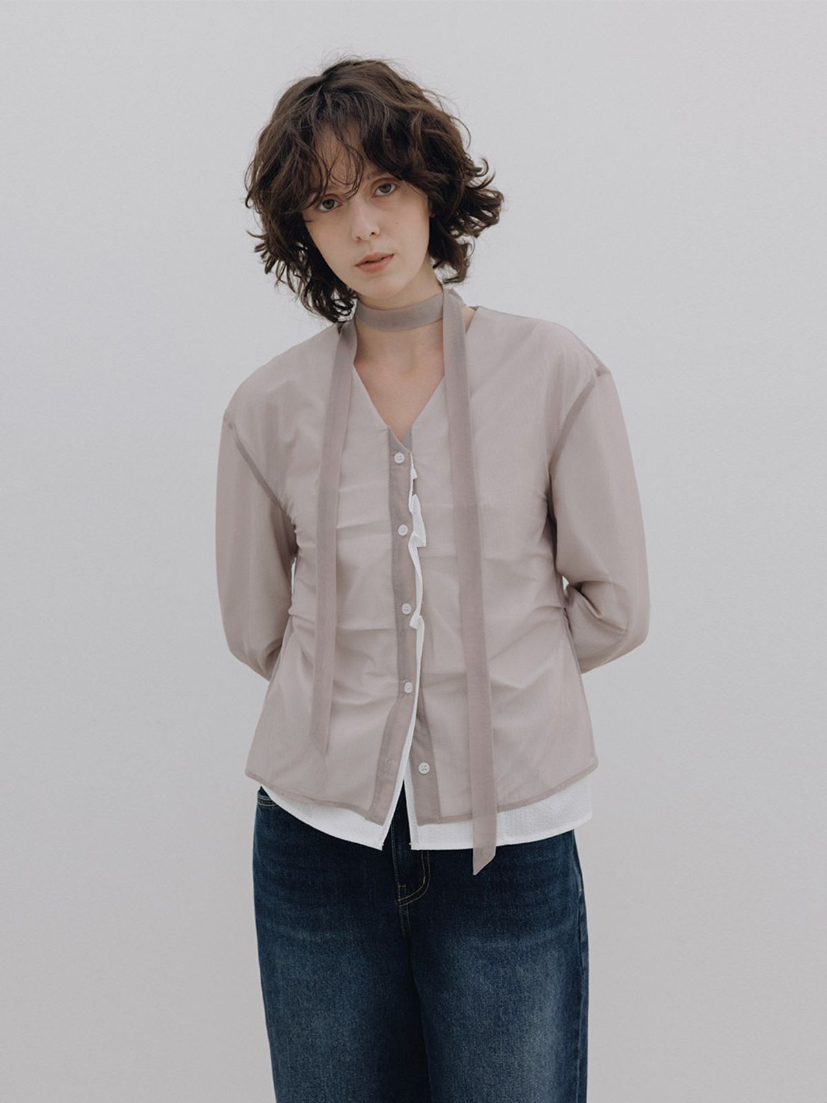 헌치(HUNCH) Sheer Mesh Layered Tie Blouse (2color)