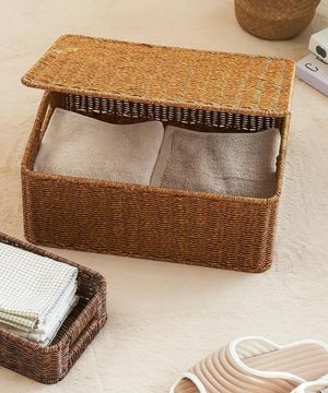 데일리 수납 바스켓 40x34x16cm 뚜껑 내추럴