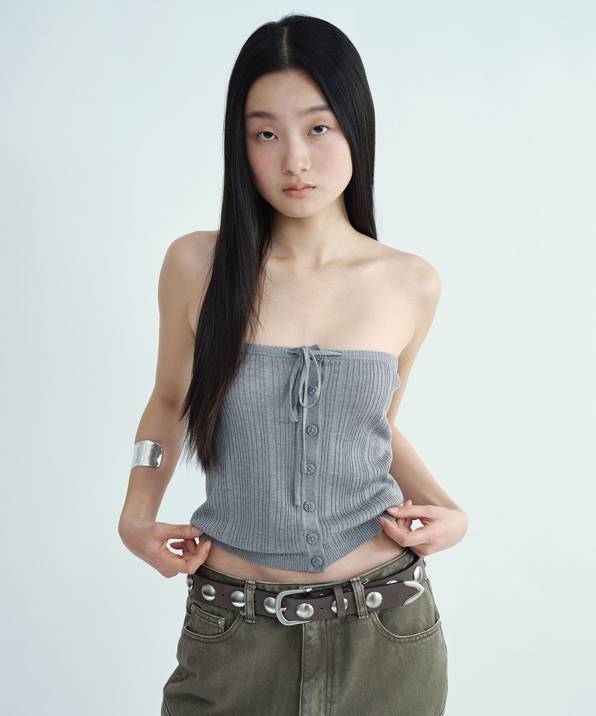 밀로 우먼(MILLO WOMEN) 리브드 레이어드 니트 탑 [멜란지 그레이]