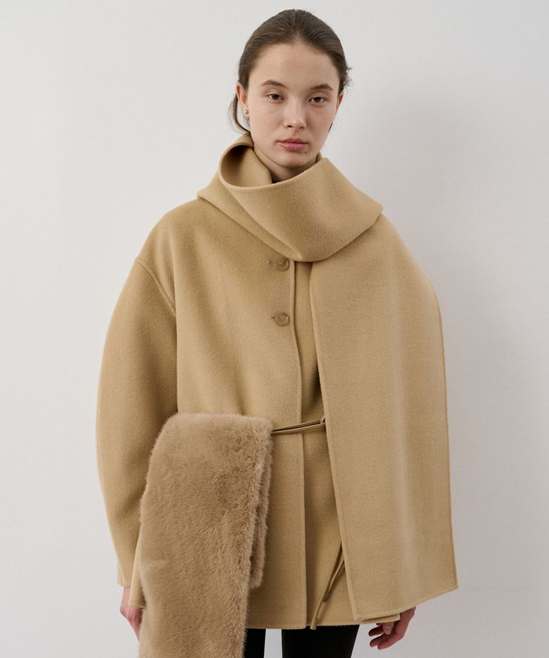 High Neck Short Handmade Coat With Muffler(Beige)